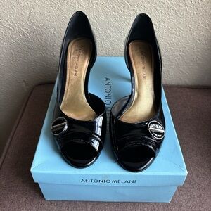 ANTONIO MELANI Glossy Black Peep Toe Heels